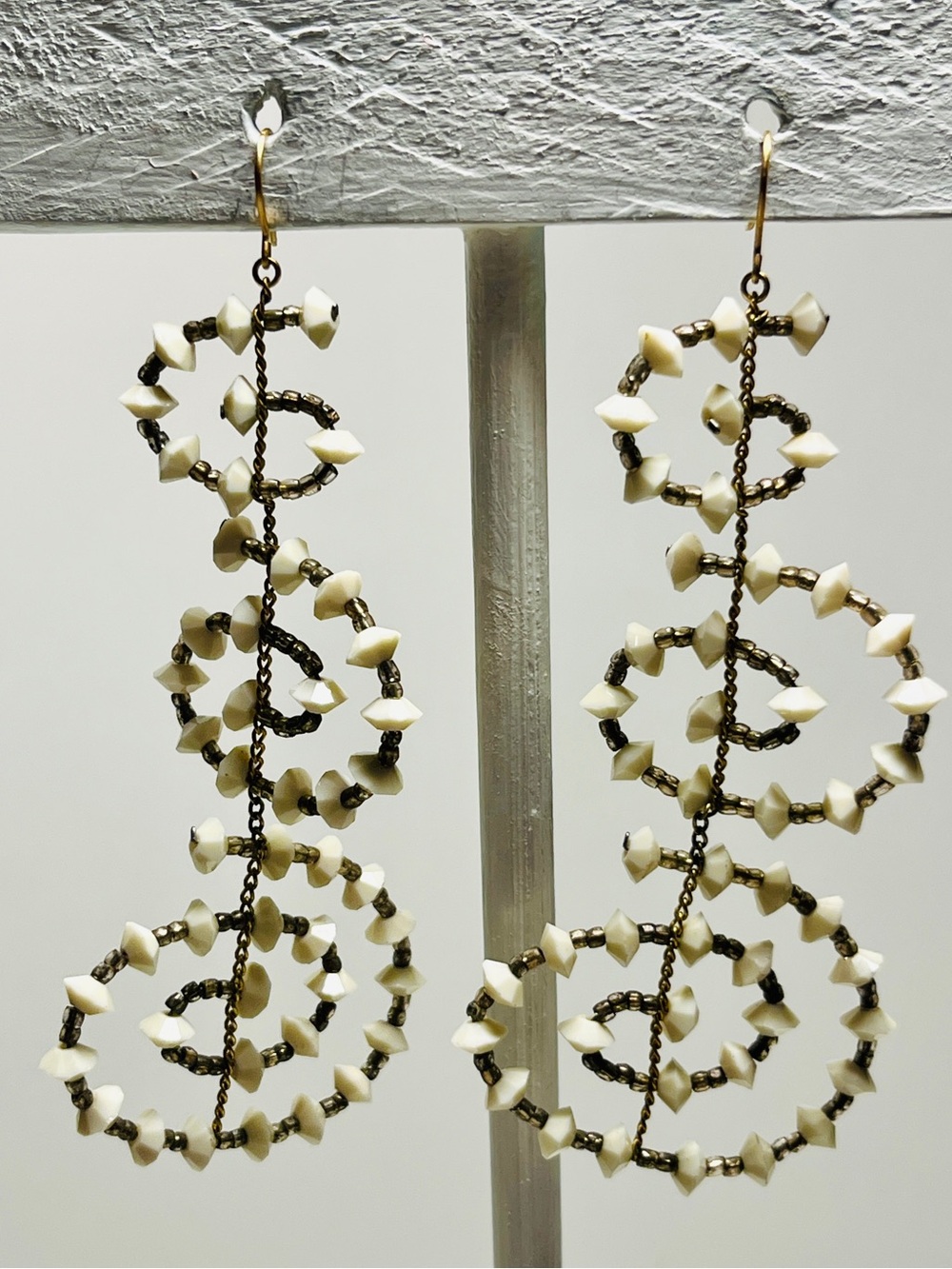 Swirling White Crystal & Gold Tone Beaded Suspended Triple Tier Drop Earrings